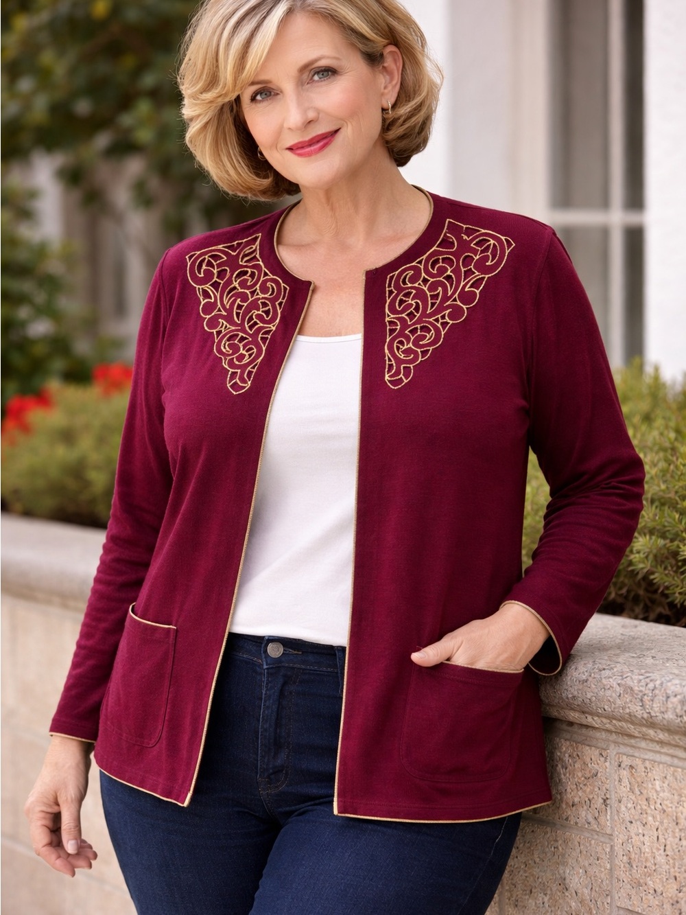 Oscar de la Renta Wine Red Cardigan with Gold Embroidery